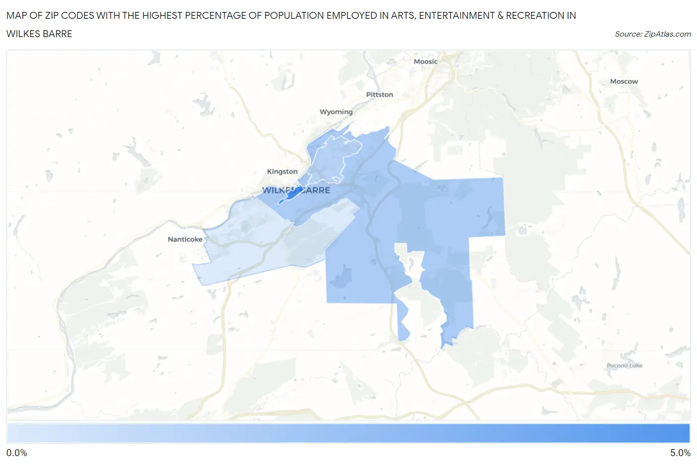 Zip Codes with the Highest Percentage of Population Employed in Arts, Entertainment & Recreation in Wilkes Barre Map
