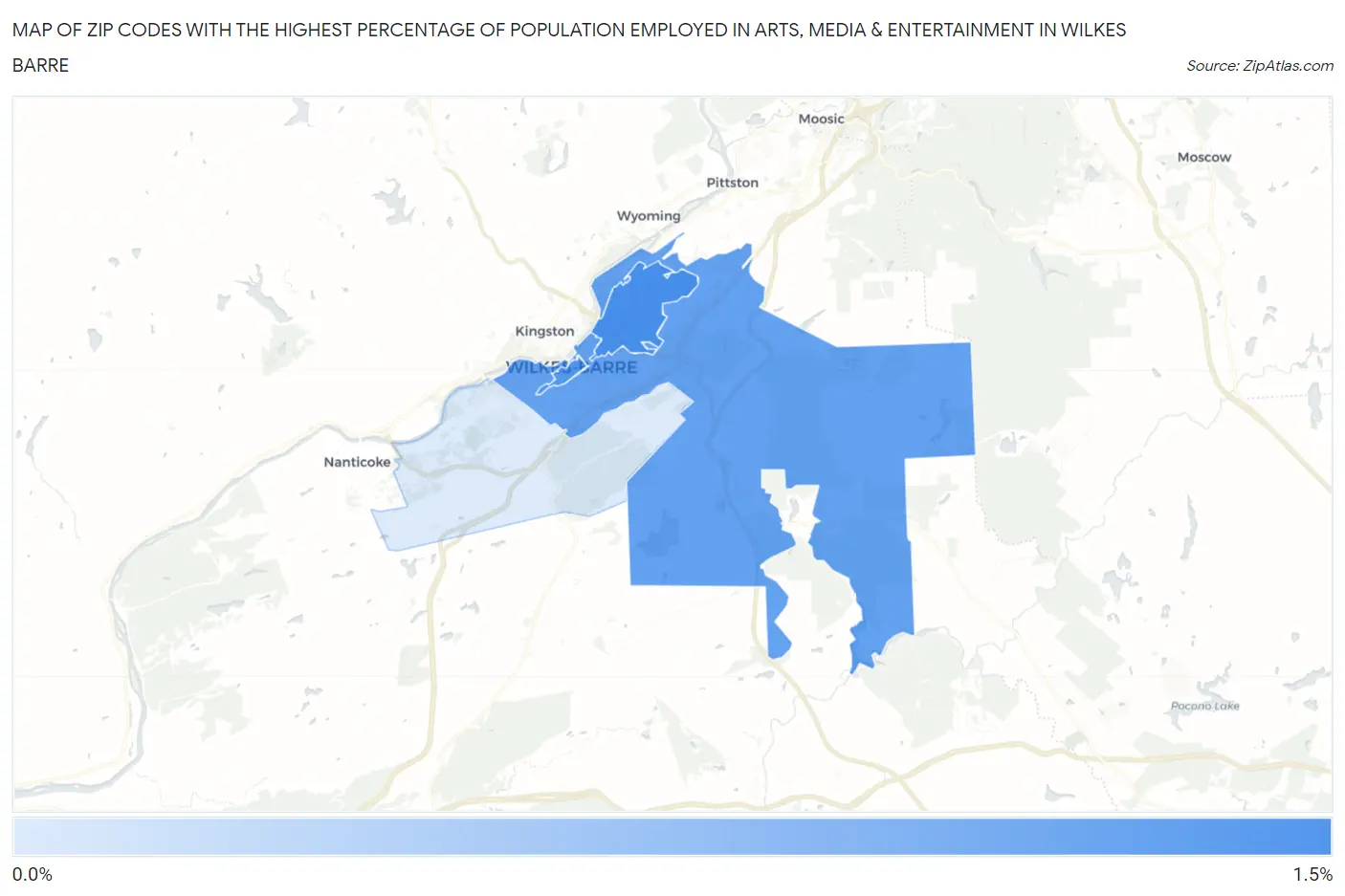 Zip Codes with the Highest Percentage of Population Employed in Arts, Media & Entertainment in Wilkes Barre Map