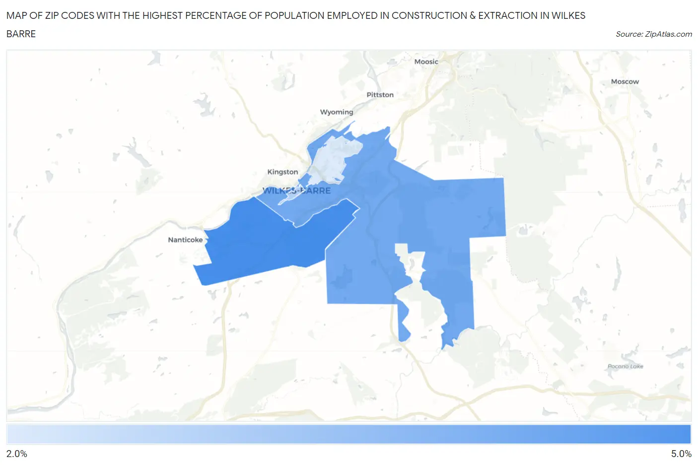Zip Codes with the Highest Percentage of Population Employed in Construction & Extraction in Wilkes Barre Map