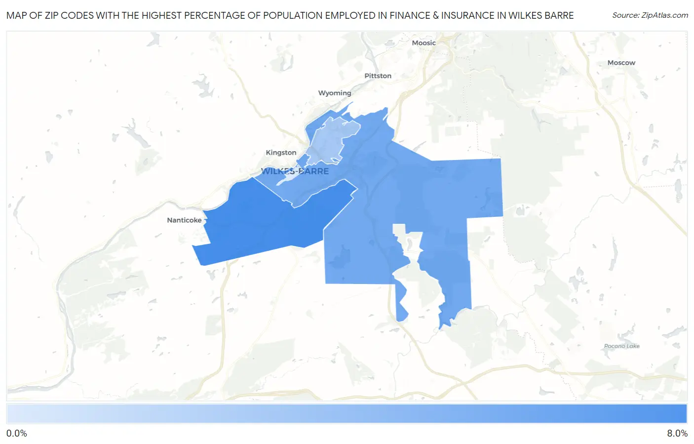 Zip Codes with the Highest Percentage of Population Employed in Finance & Insurance in Wilkes Barre Map