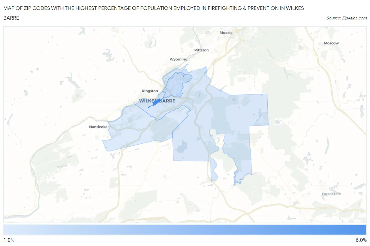 Zip Codes with the Highest Percentage of Population Employed in Firefighting & Prevention in Wilkes Barre Map