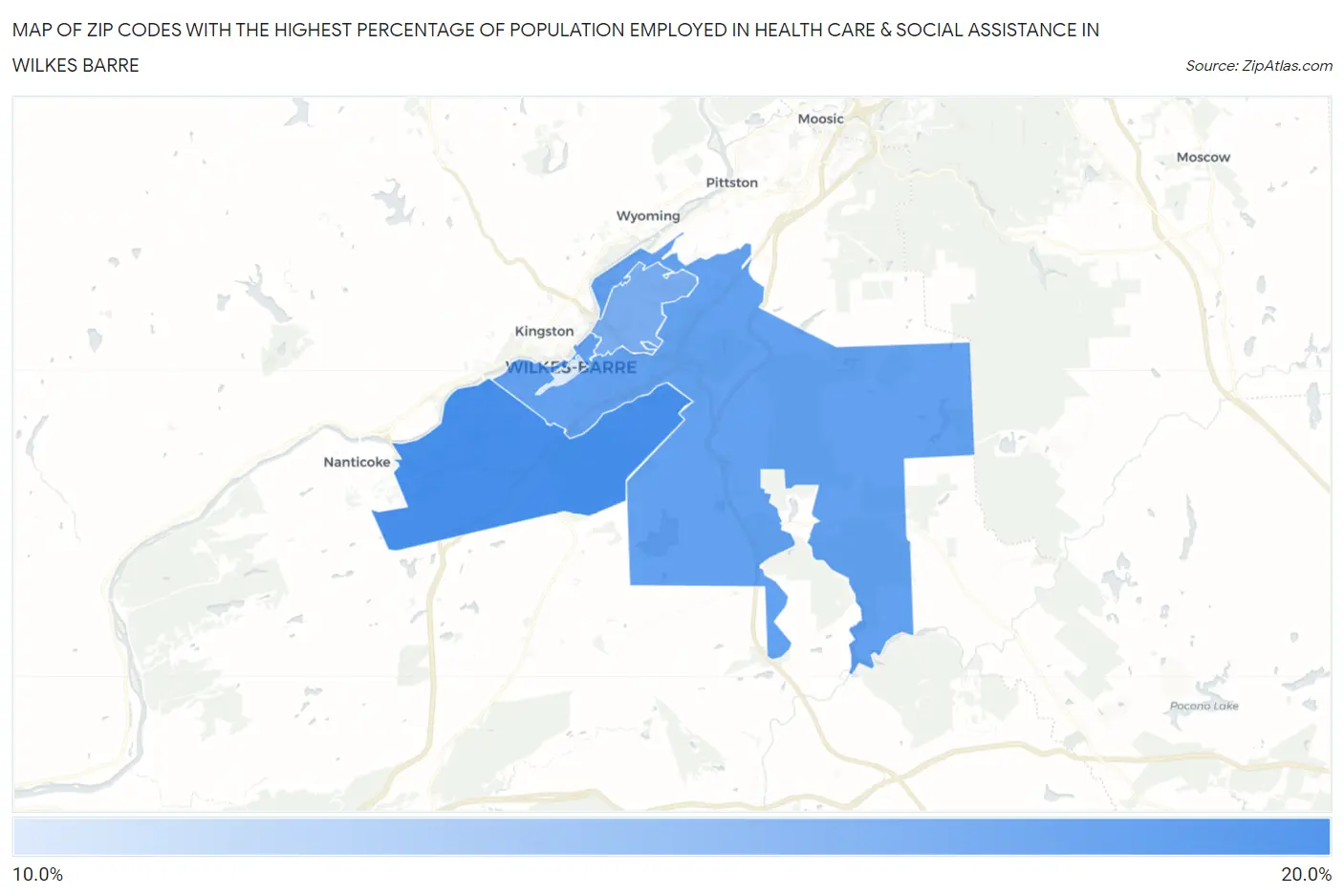 Zip Codes with the Highest Percentage of Population Employed in Health Care & Social Assistance in Wilkes Barre Map