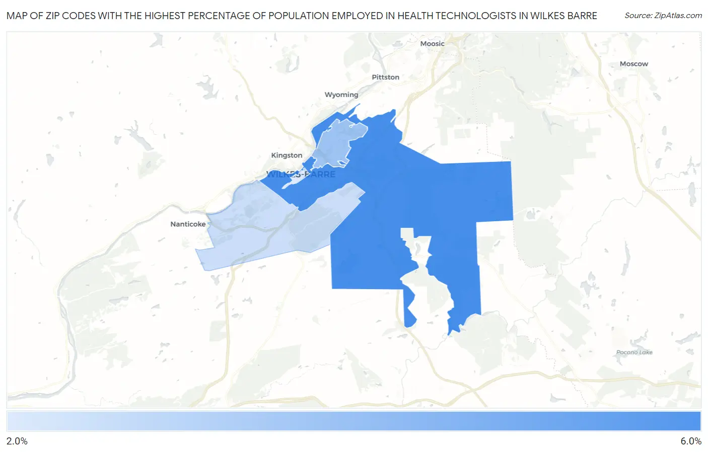 Zip Codes with the Highest Percentage of Population Employed in Health Technologists in Wilkes Barre Map