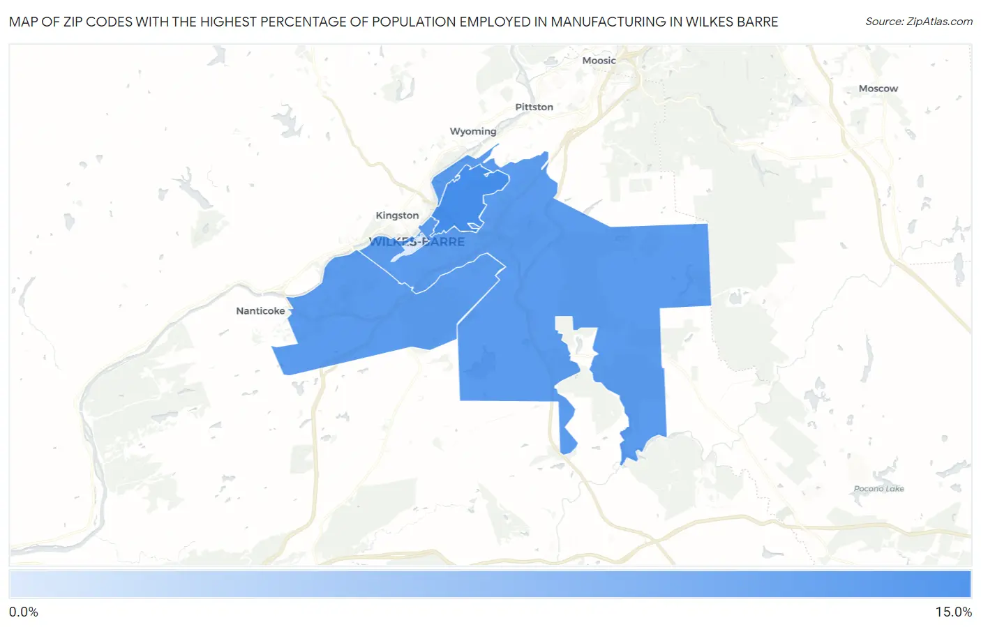 Zip Codes with the Highest Percentage of Population Employed in Manufacturing in Wilkes Barre Map