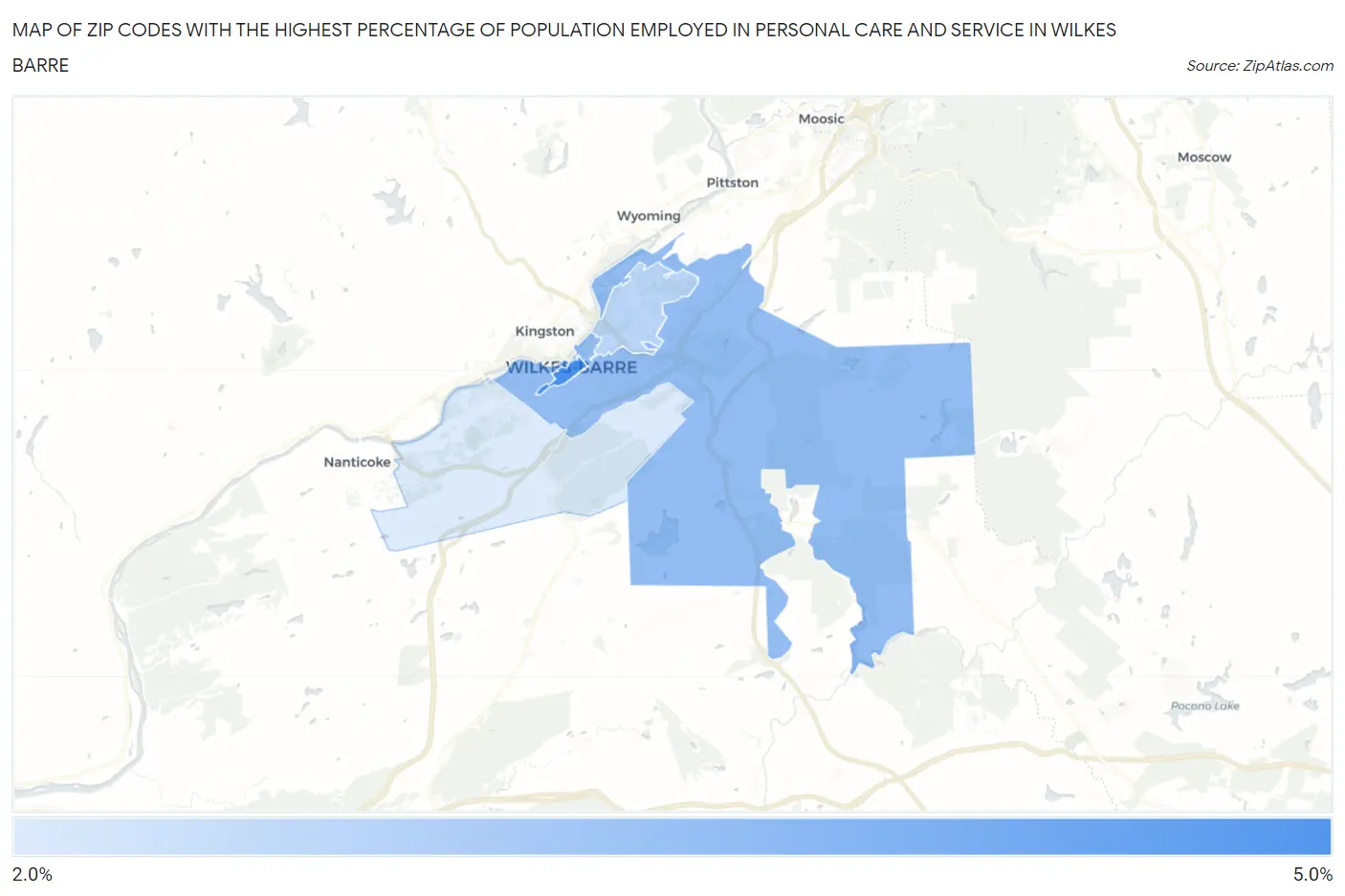 Zip Codes with the Highest Percentage of Population Employed in Personal Care and Service in Wilkes Barre Map