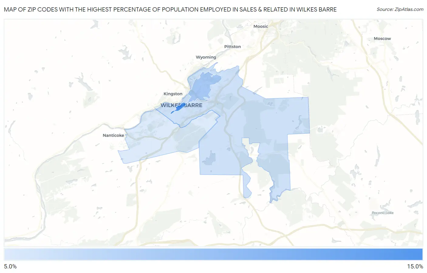 Zip Codes with the Highest Percentage of Population Employed in Sales & Related in Wilkes Barre Map