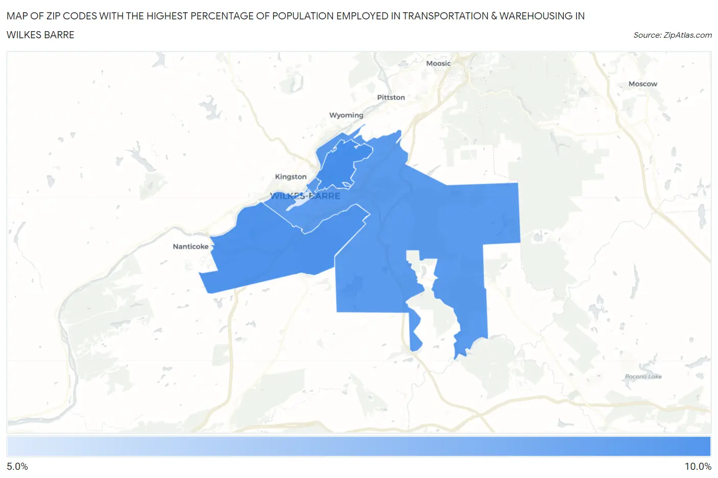 Zip Codes with the Highest Percentage of Population Employed in Transportation & Warehousing in Wilkes Barre Map