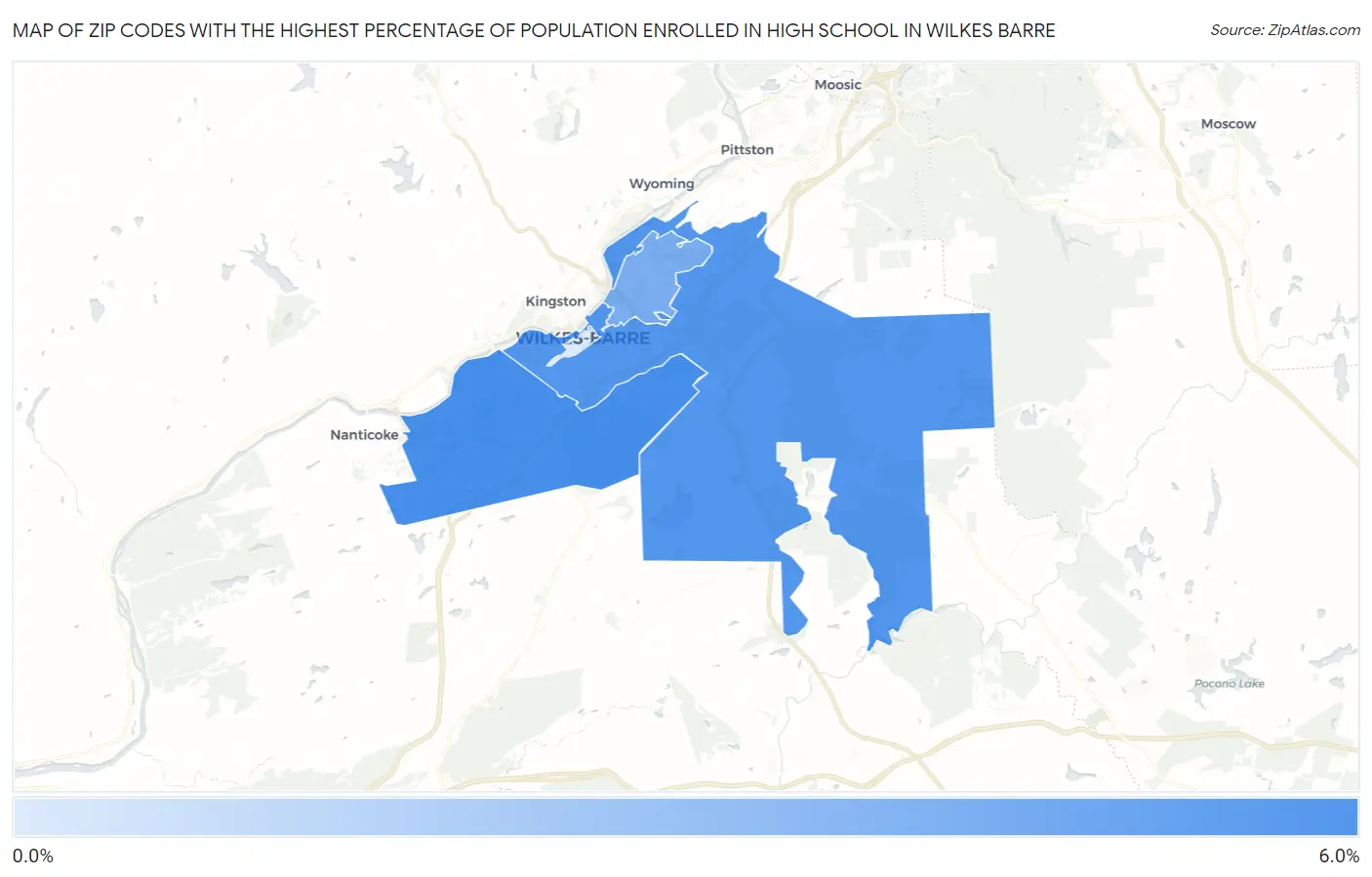 Zip Codes with the Highest Percentage of Population Enrolled in High School in Wilkes Barre Map