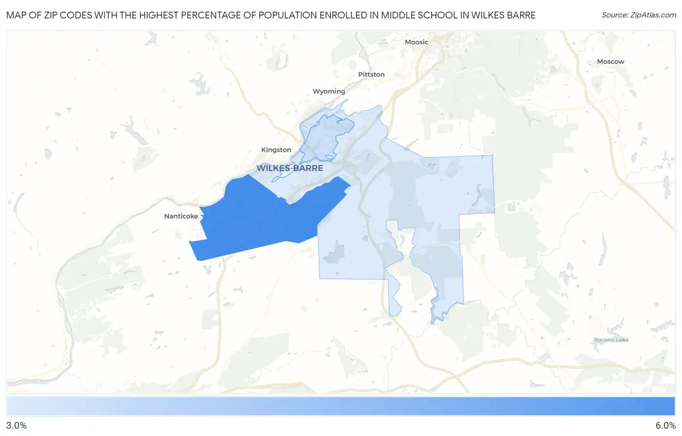 Zip Codes with the Highest Percentage of Population Enrolled in Middle School in Wilkes Barre Map