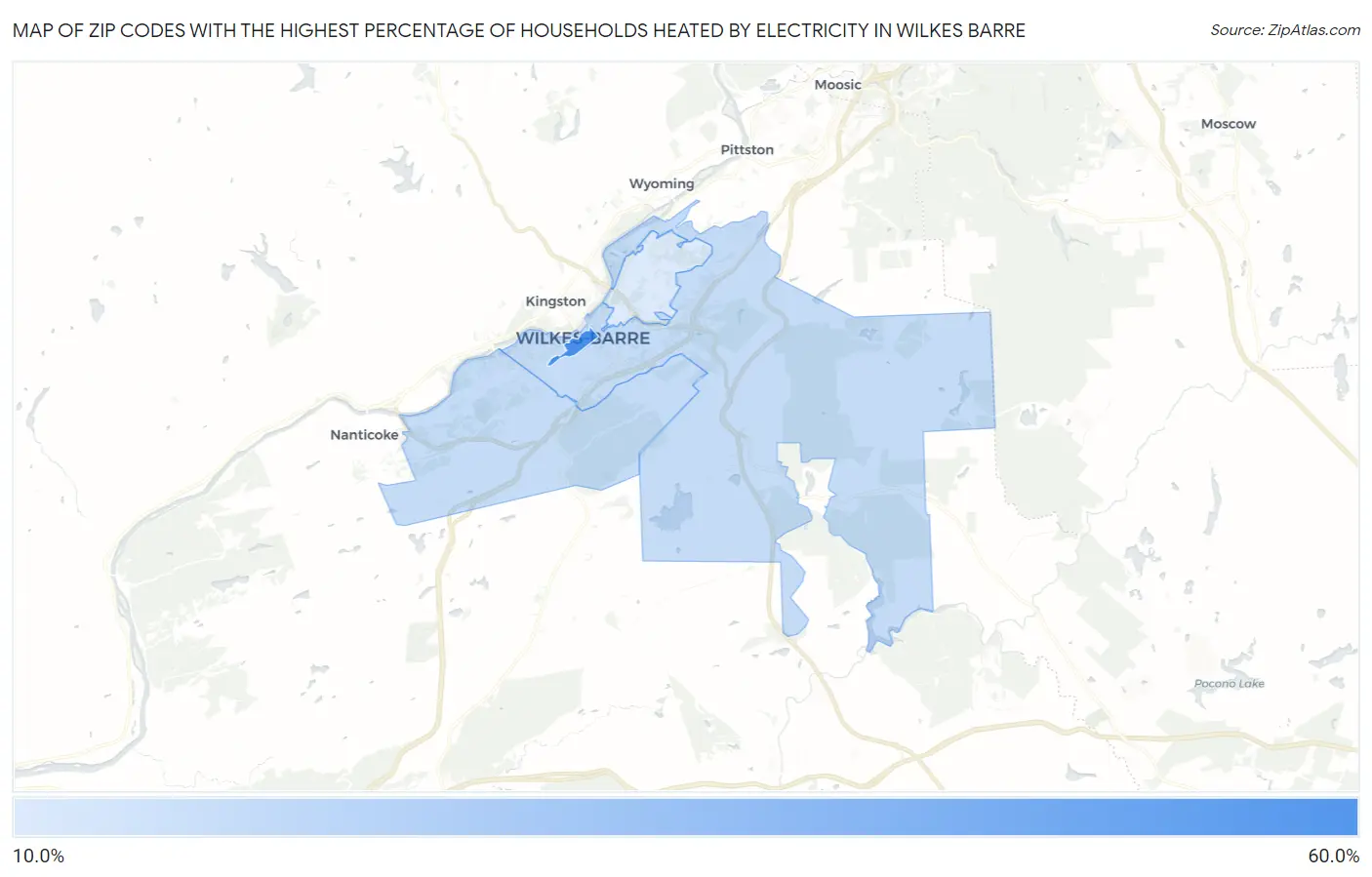 Zip Codes with the Highest Percentage of Households Heated by Electricity in Wilkes Barre Map