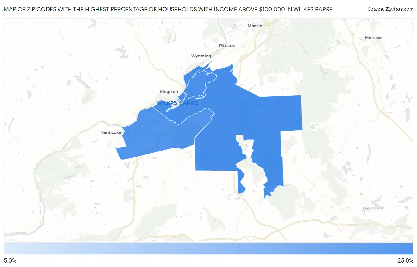 Zip Codes with the Highest Percentage of Households with Income Above $100,000 in Wilkes Barre Map