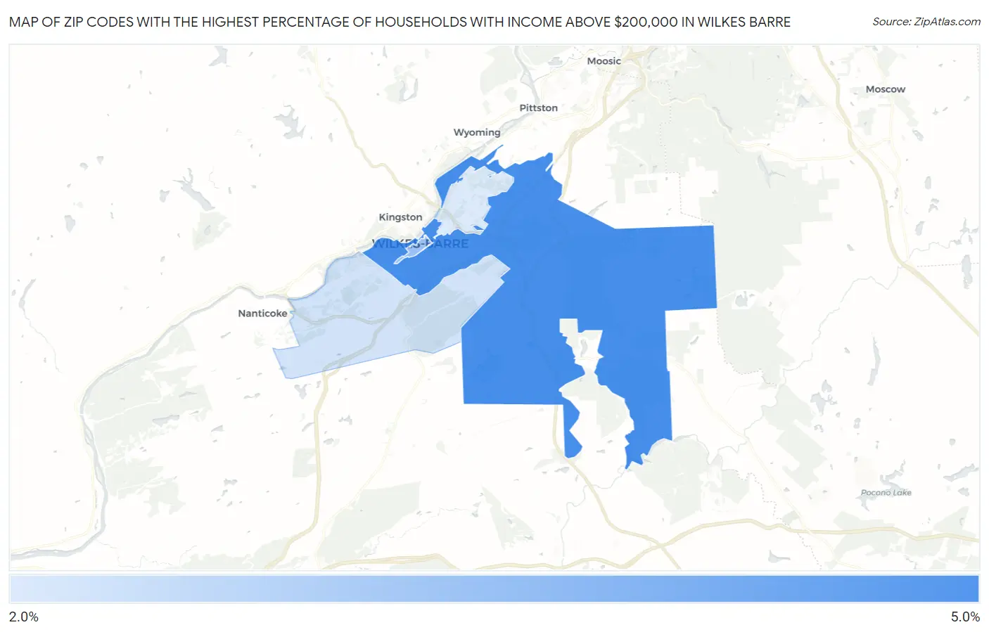 Zip Codes with the Highest Percentage of Households with Income Above $200,000 in Wilkes Barre Map