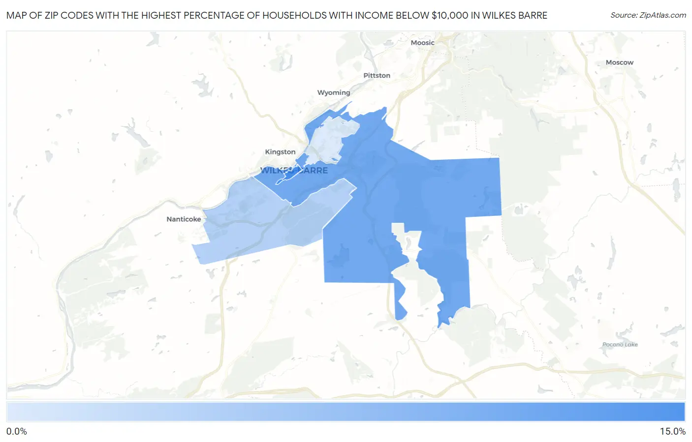Zip Codes with the Highest Percentage of Households with Income Below $10,000 in Wilkes Barre Map
