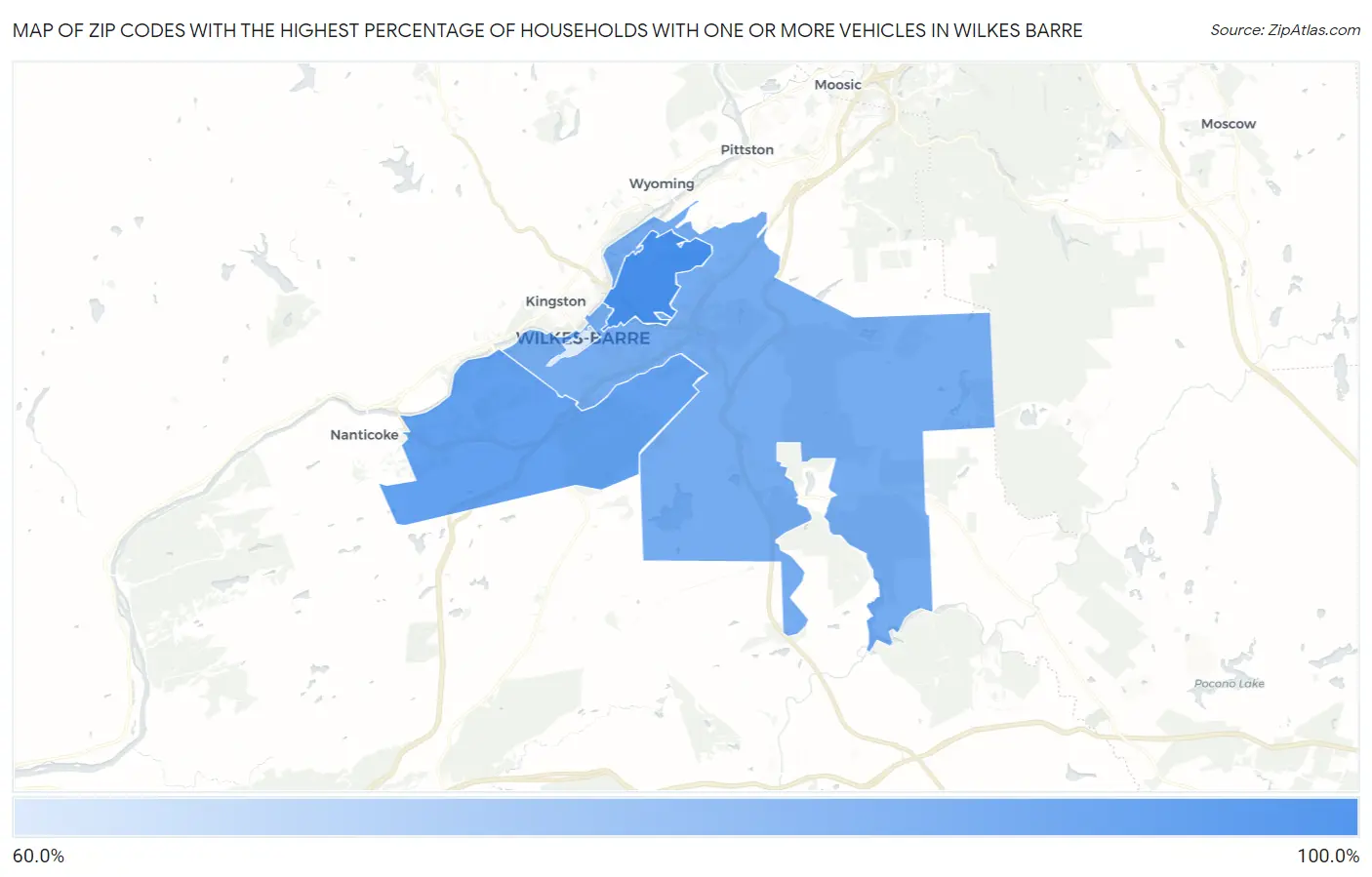Zip Codes with the Highest Percentage of Households With One or more Vehicles in Wilkes Barre Map