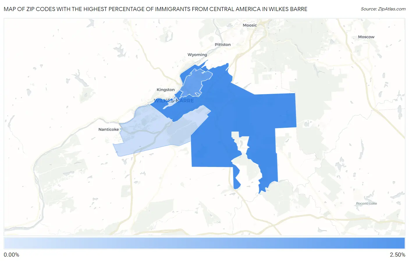 Zip Codes with the Highest Percentage of Immigrants from Central America in Wilkes Barre Map