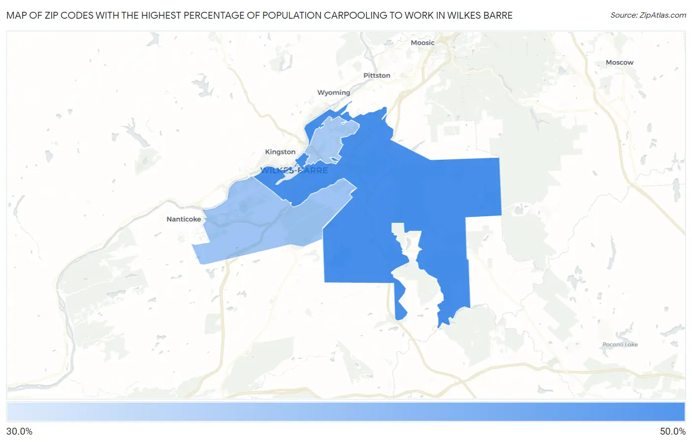 Zip Codes with the Highest Percentage of Population Carpooling to Work in Wilkes Barre Map