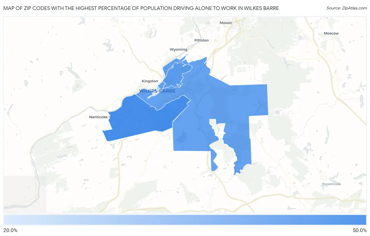Zip Codes with the Highest Percentage of Population Driving Alone to Work in Wilkes Barre Map