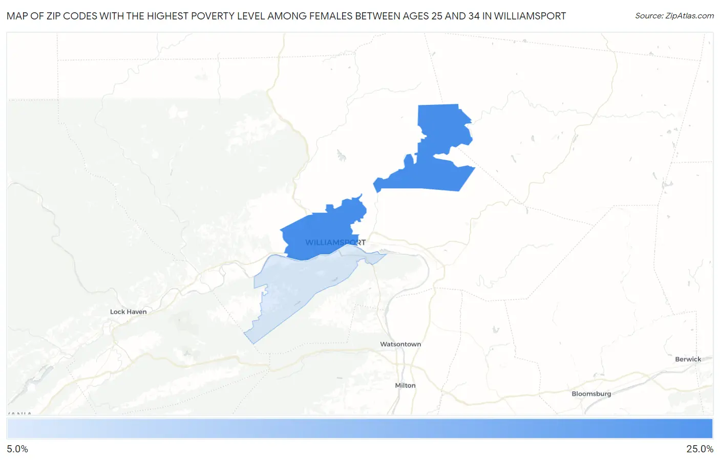 Zip Codes with the Highest Poverty Level Among Females Between Ages 25 and 34 in Williamsport Map