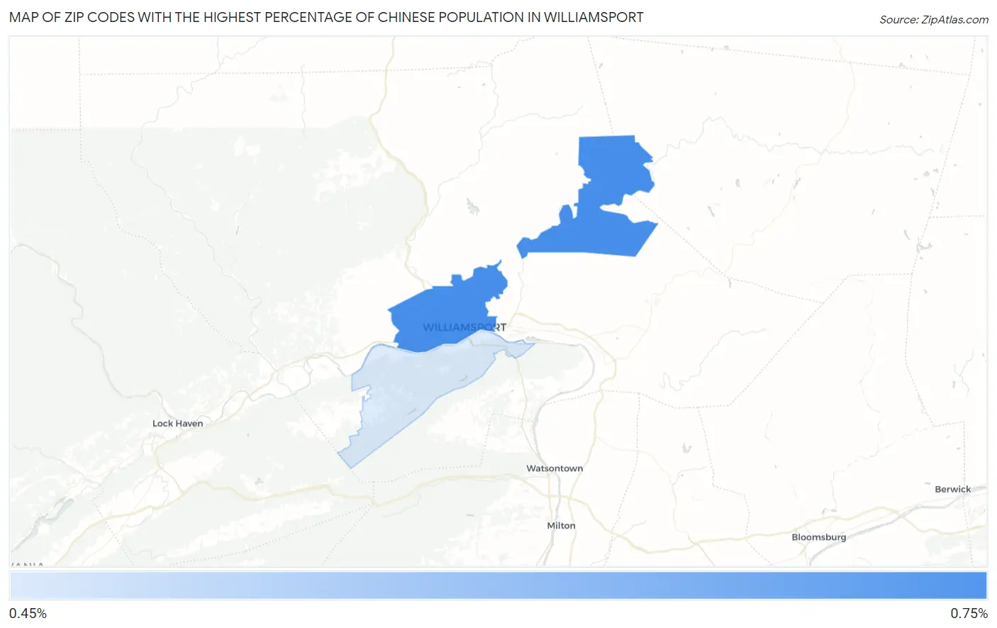 Zip Codes with the Highest Percentage of Chinese Population in Williamsport Map
