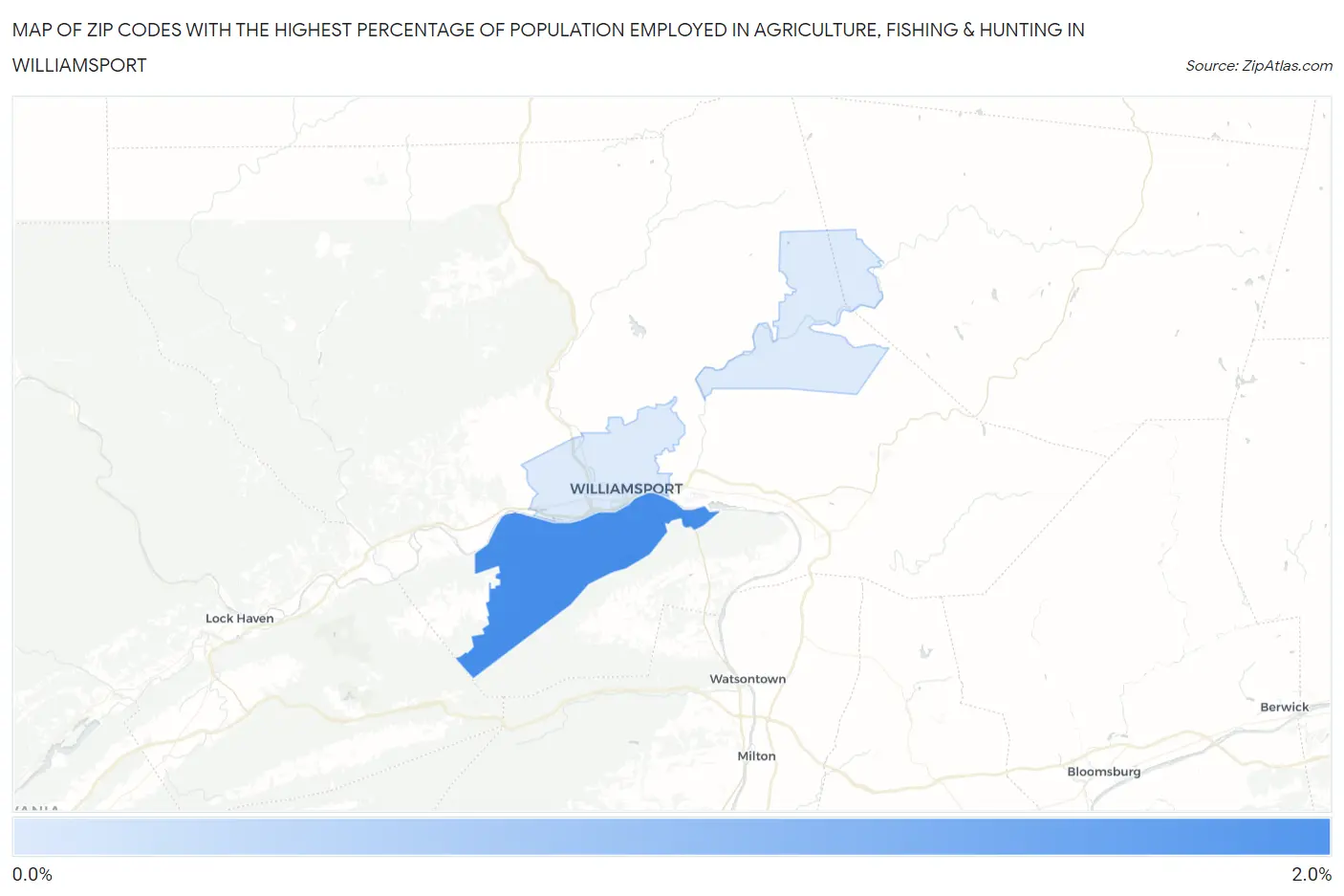 Zip Codes with the Highest Percentage of Population Employed in Agriculture, Fishing & Hunting in Williamsport Map