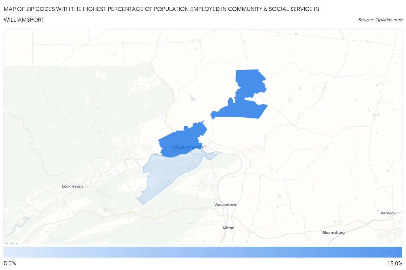 Zip Codes with the Highest Percentage of Population Employed in Community & Social Service  in Williamsport Map