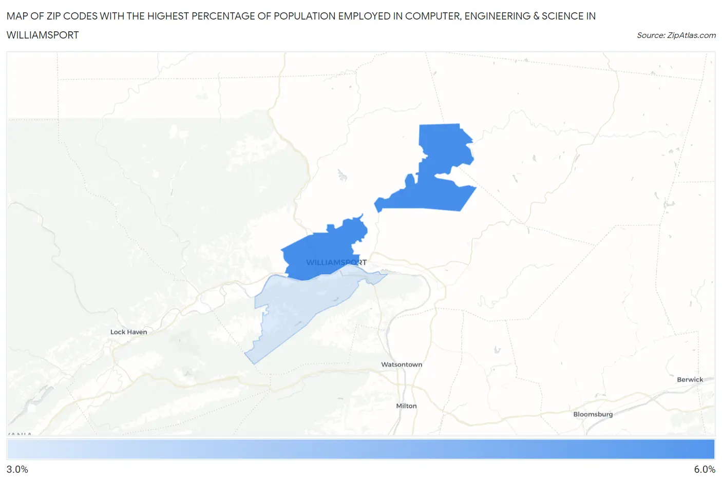 Zip Codes with the Highest Percentage of Population Employed in Computer, Engineering & Science in Williamsport Map