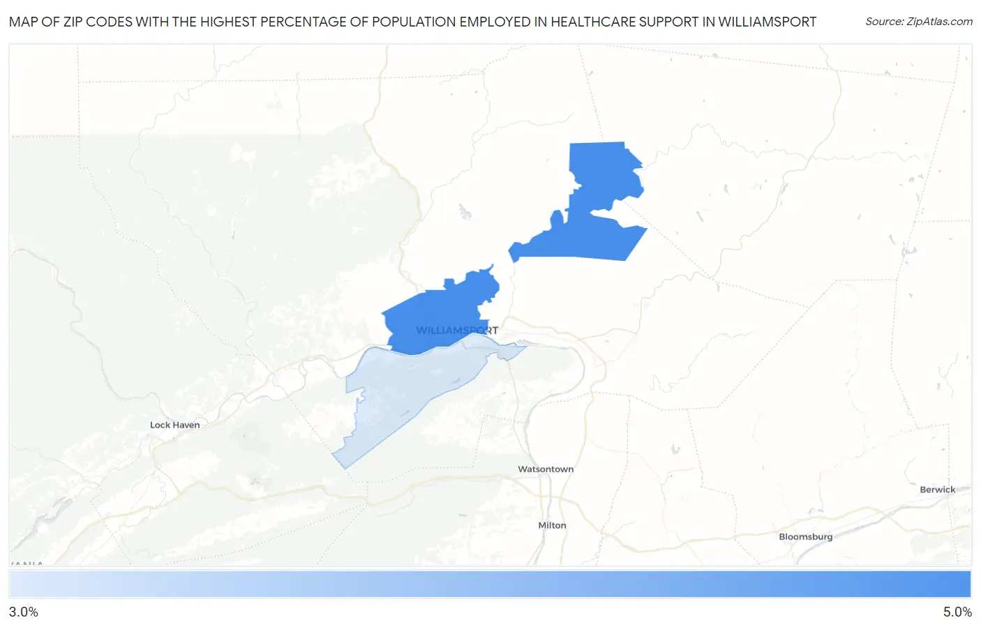 Zip Codes with the Highest Percentage of Population Employed in Healthcare Support in Williamsport Map
