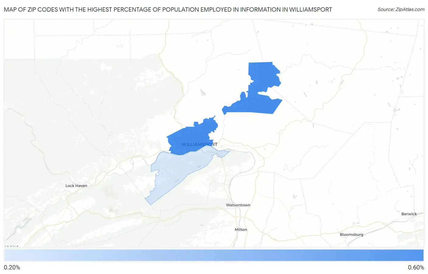 Zip Codes with the Highest Percentage of Population Employed in Information in Williamsport Map