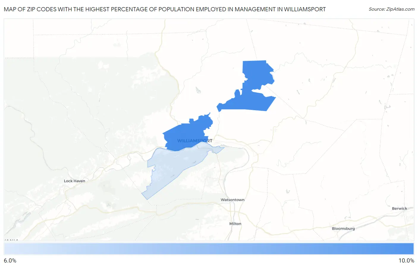 Zip Codes with the Highest Percentage of Population Employed in Management in Williamsport Map