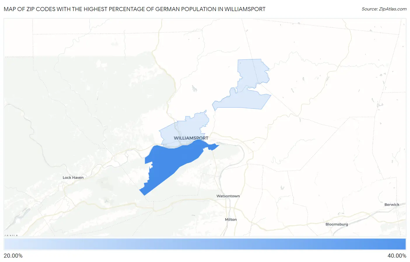 Zip Codes with the Highest Percentage of German Population in Williamsport Map