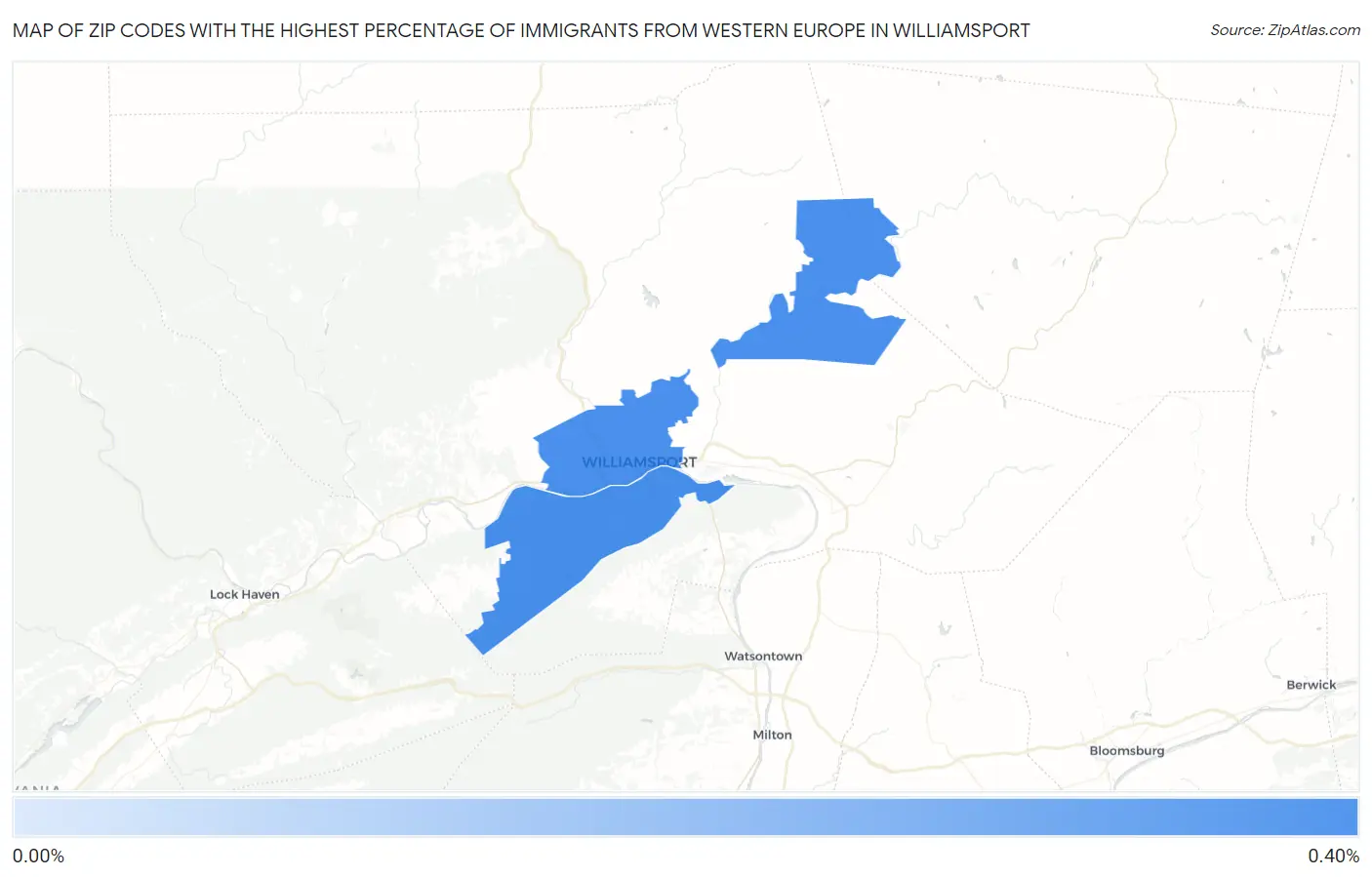 Zip Codes with the Highest Percentage of Immigrants from Western Europe in Williamsport Map