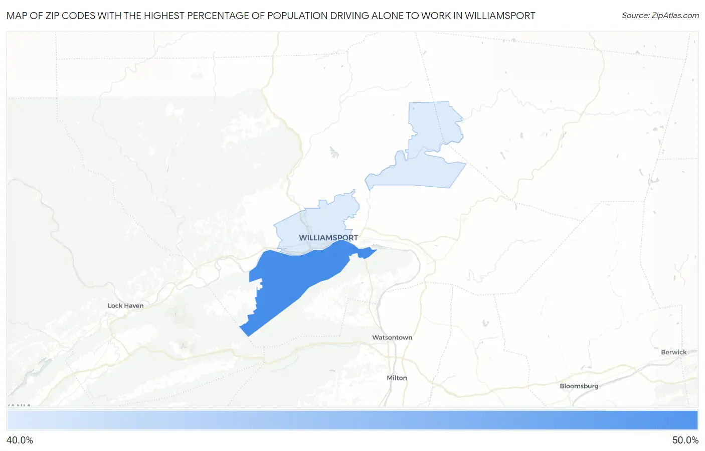 Zip Codes with the Highest Percentage of Population Driving Alone to Work in Williamsport Map