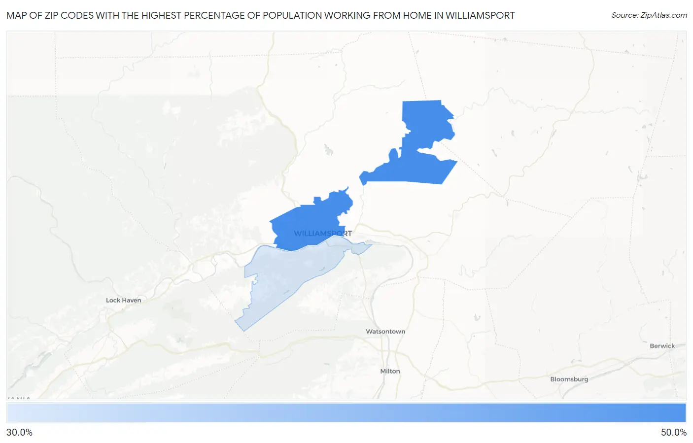 Zip Codes with the Highest Percentage of Population Working from Home in Williamsport Map