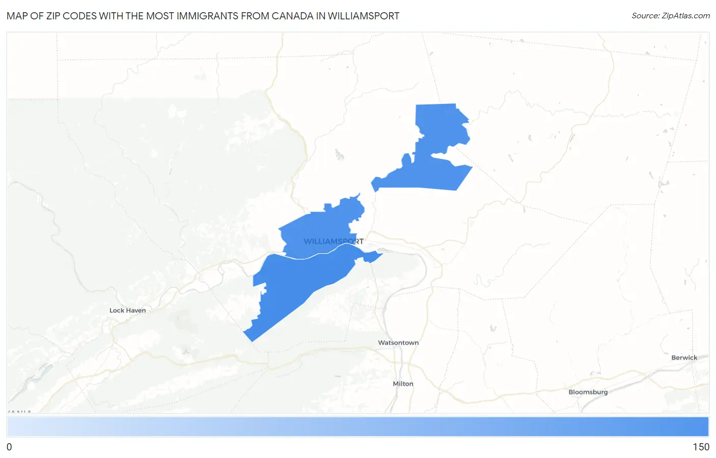 Zip Codes with the Most Immigrants from Canada in Williamsport Map