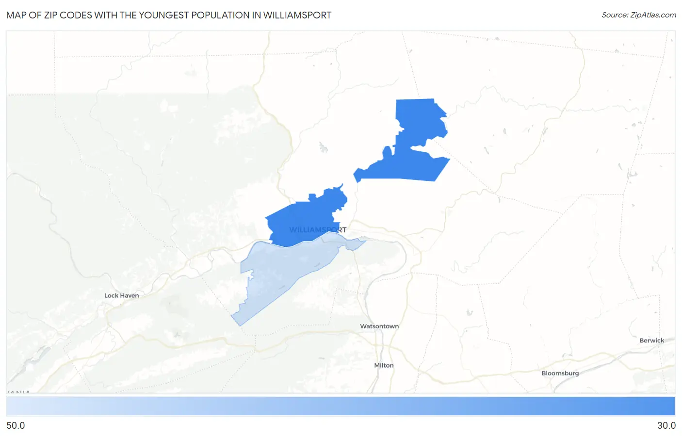Zip Codes with the Youngest Population in Williamsport Map