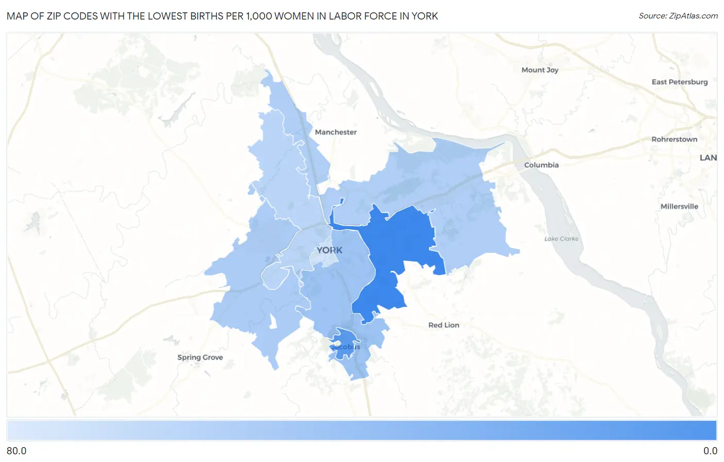 Zip Codes with the Lowest Births per 1,000 Women in Labor Force in York Map