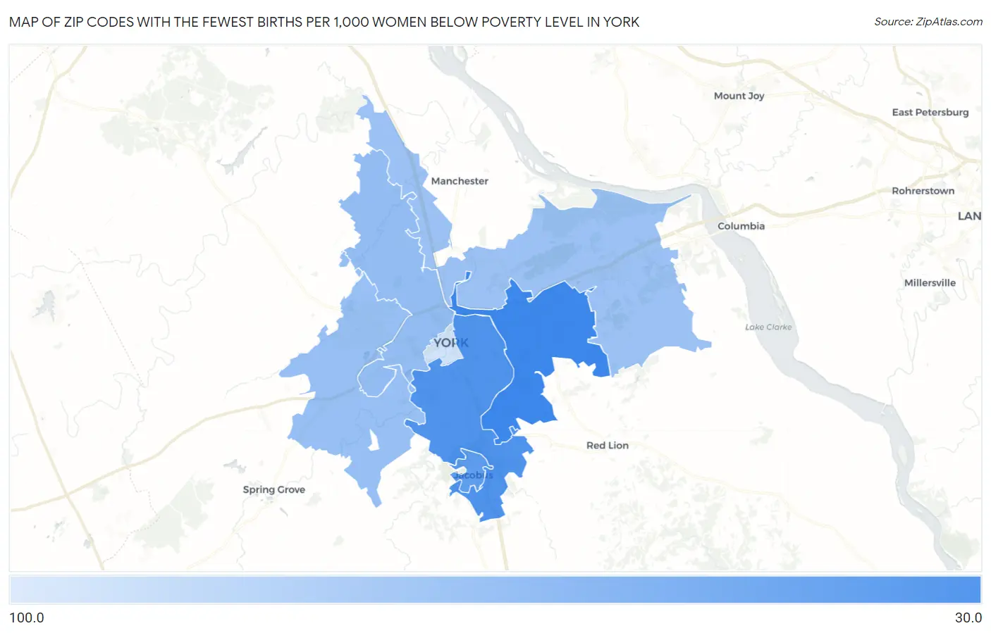 Zip Codes with the Fewest Births per 1,000 Women Below Poverty Level in York Map
