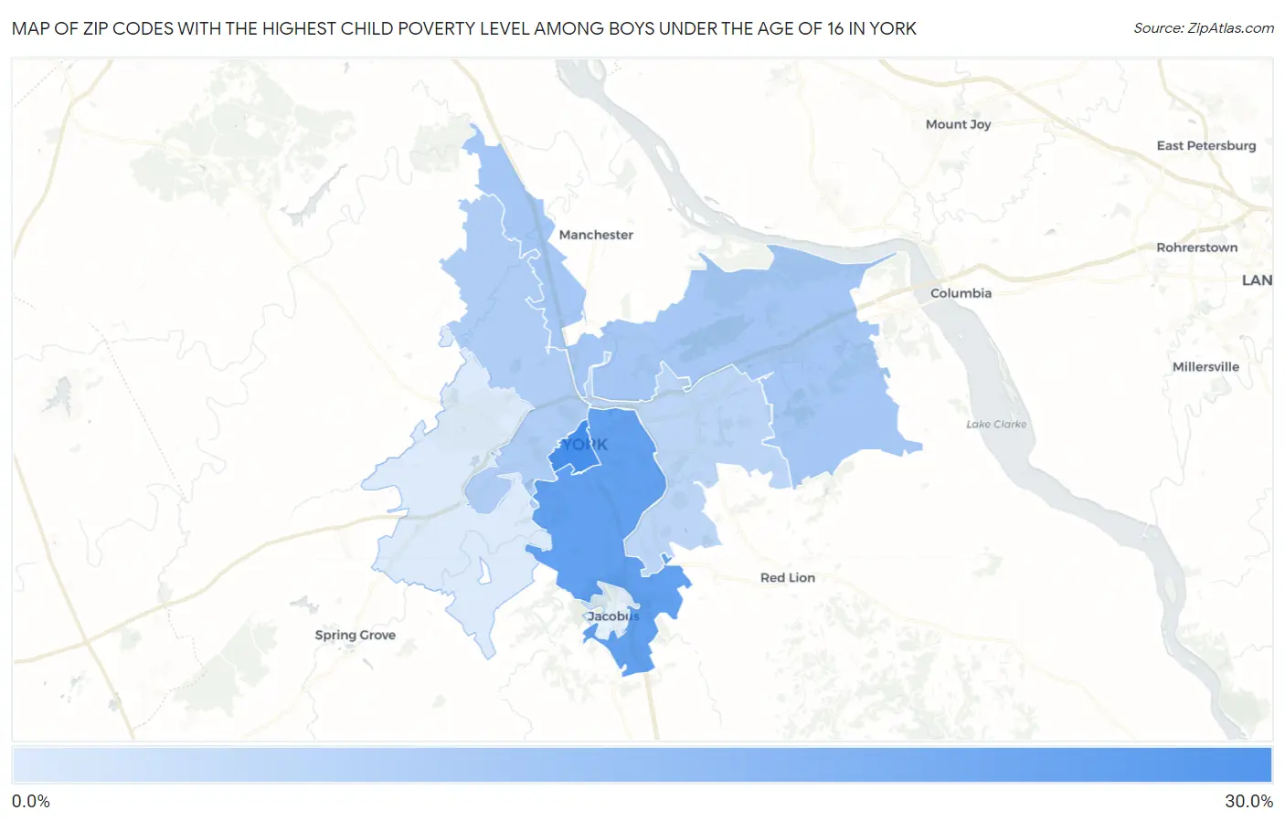 Zip Codes with the Highest Child Poverty Level Among Boys Under the Age of 16 in York Map