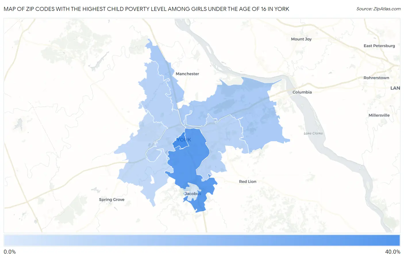 Zip Codes with the Highest Child Poverty Level Among Girls Under the Age of 16 in York Map