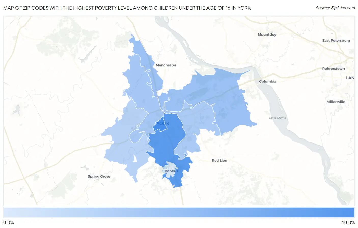 Zip Codes with the Highest Poverty Level Among Children Under the Age of 16 in York Map