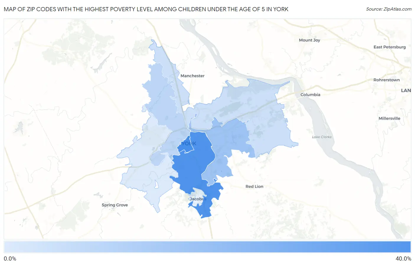 Zip Codes with the Highest Poverty Level Among Children Under the Age of 5 in York Map