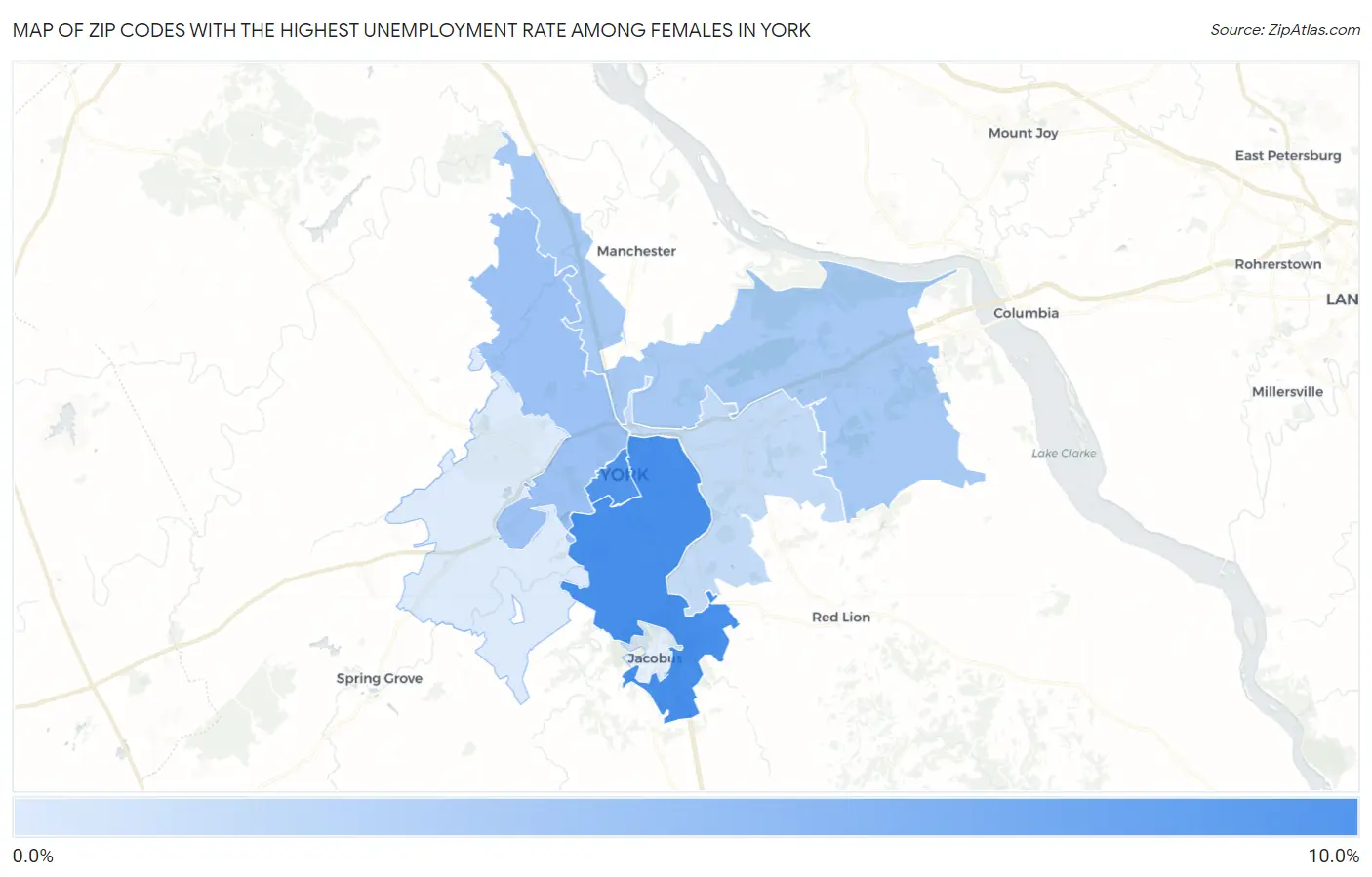 Zip Codes with the Highest Unemployment Rate Among Females in York Map
