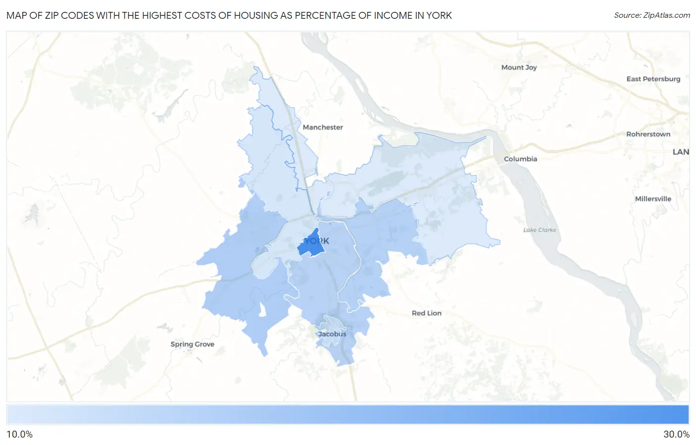 Zip Codes with the Highest Costs of Housing as Percentage of Income in York Map
