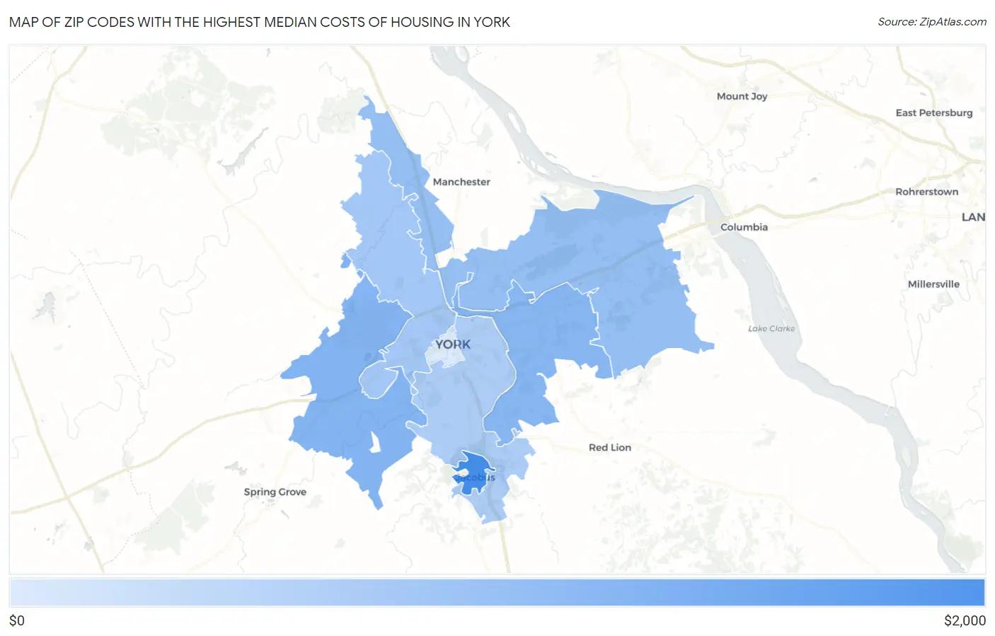 Zip Codes with the Highest Median Costs of Housing in York Map