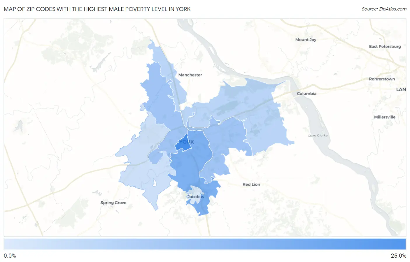 Zip Codes with the Highest Male Poverty Level in York Map