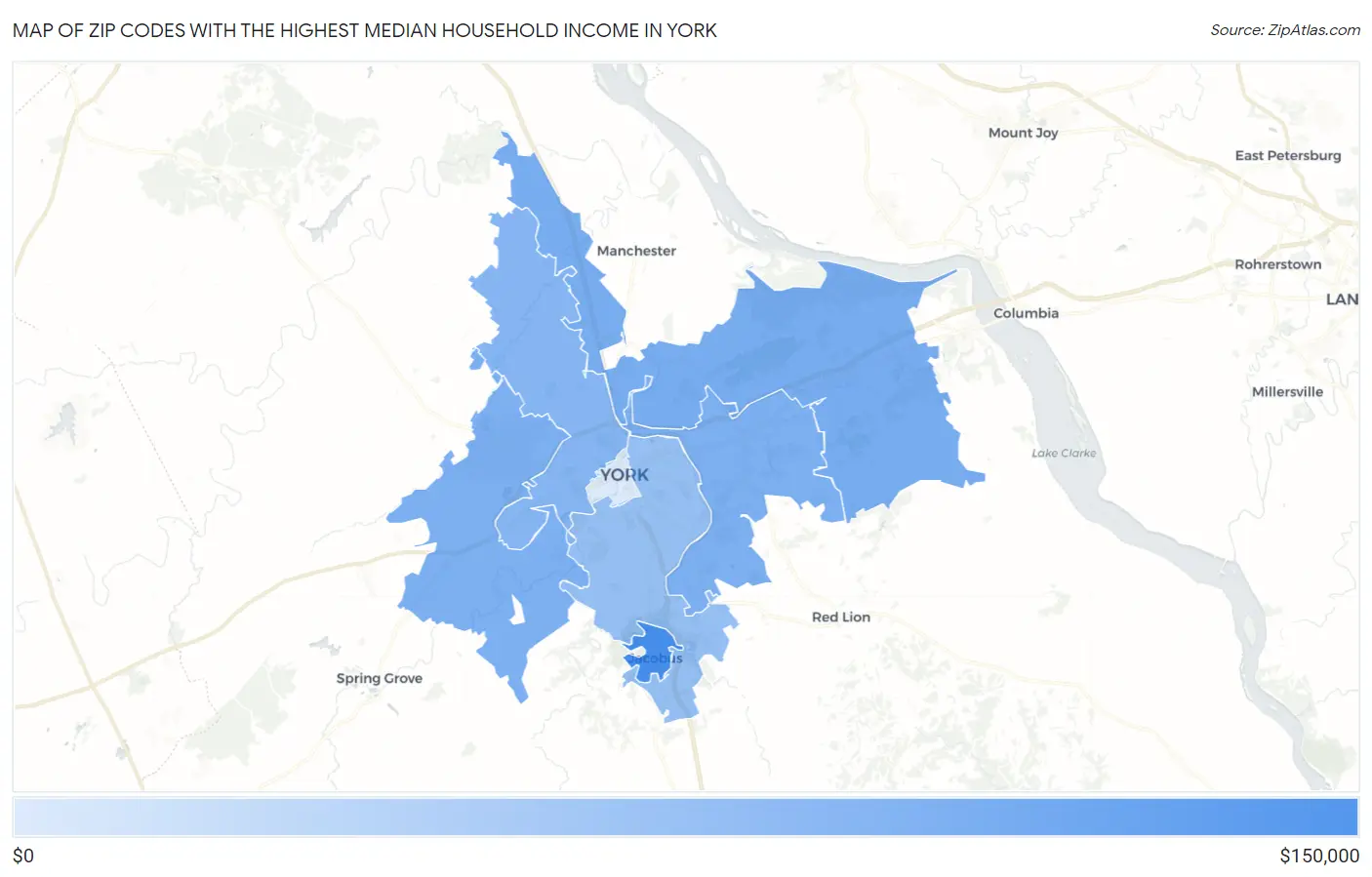 Zip Codes with the Highest Median Household Income in York Map