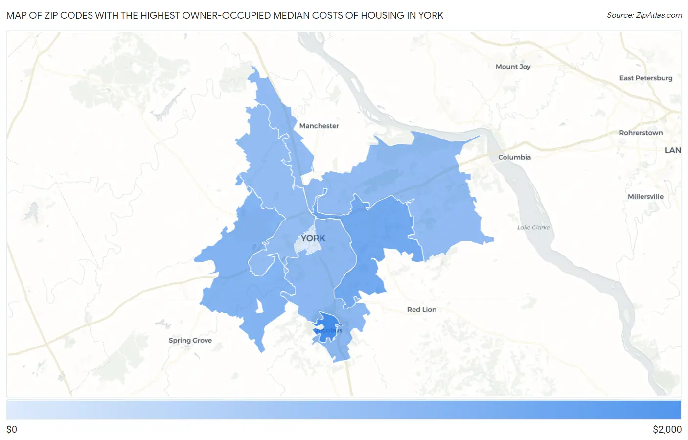 Zip Codes with the Highest Owner-Occupied Median Costs of Housing in York Map