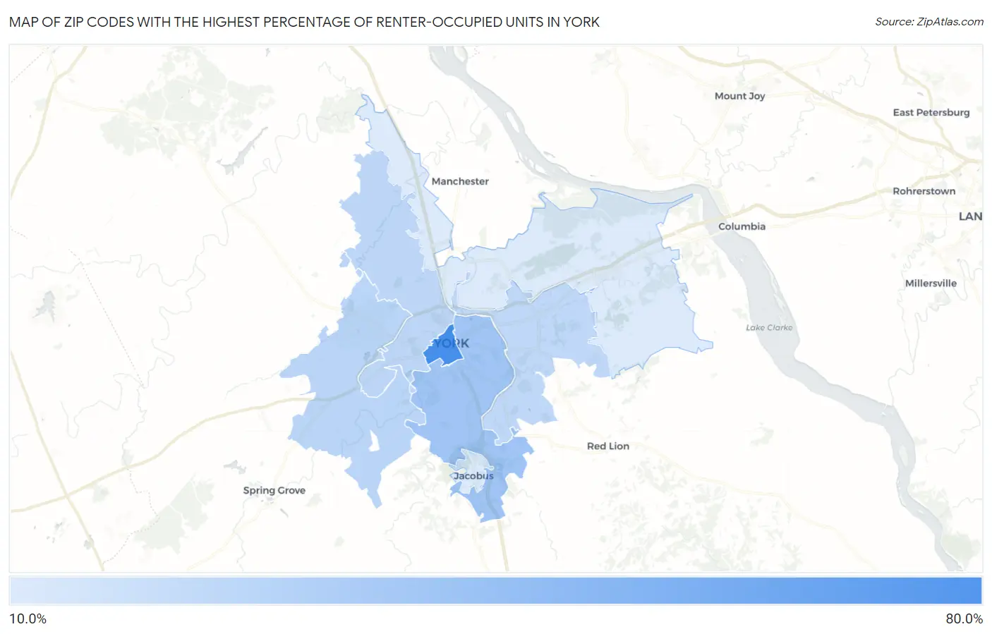 Zip Codes with the Highest Percentage of Renter-Occupied Units in York Map
