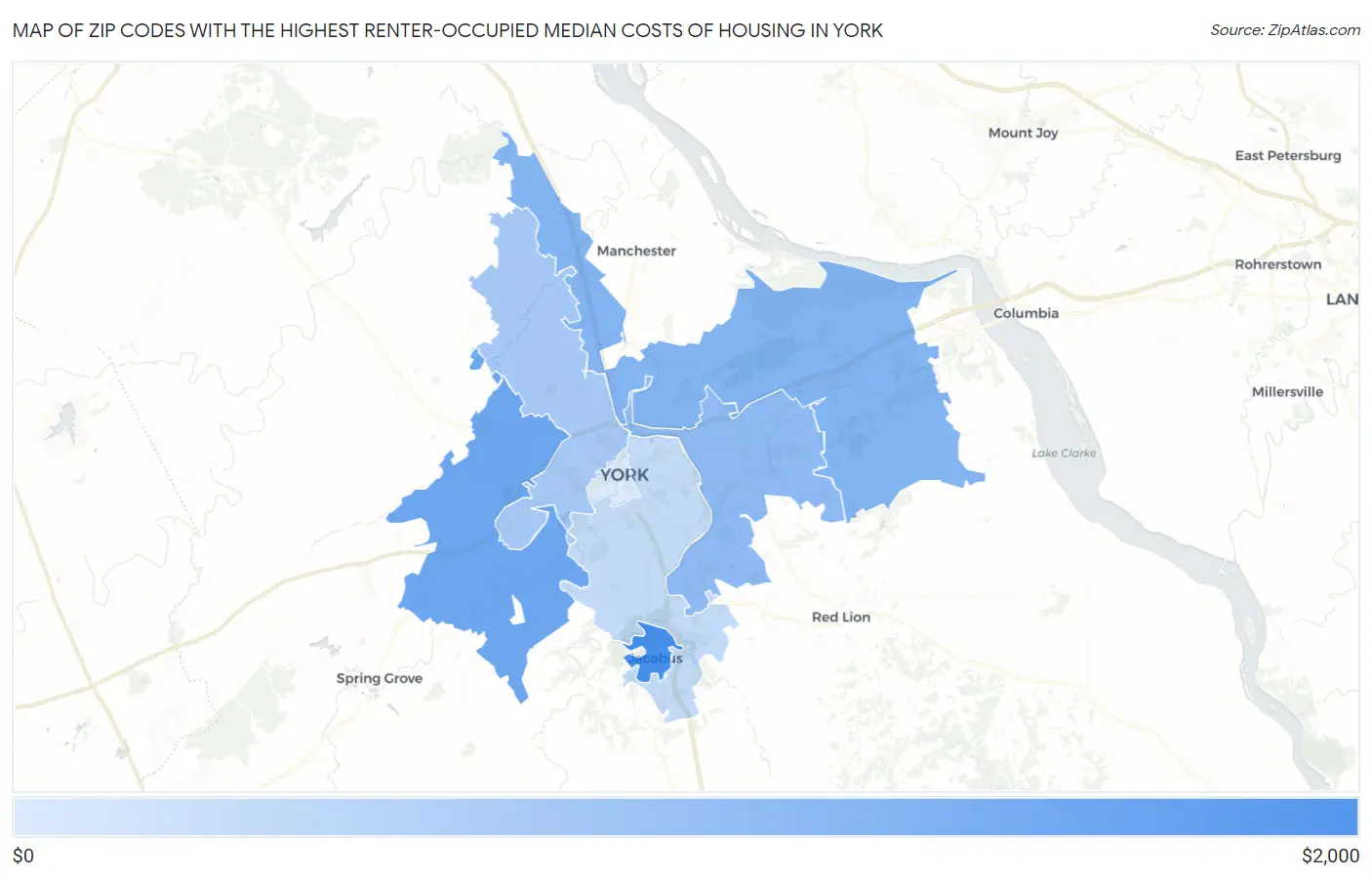 Zip Codes with the Highest Renter-Occupied Median Costs of Housing in York Map