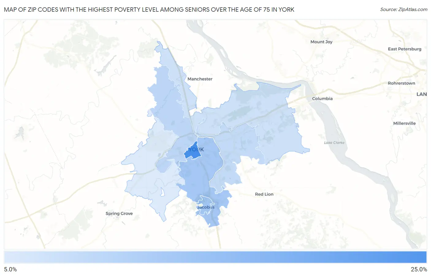 Zip Codes with the Highest Poverty Level Among Seniors Over the Age of 75 in York Map
